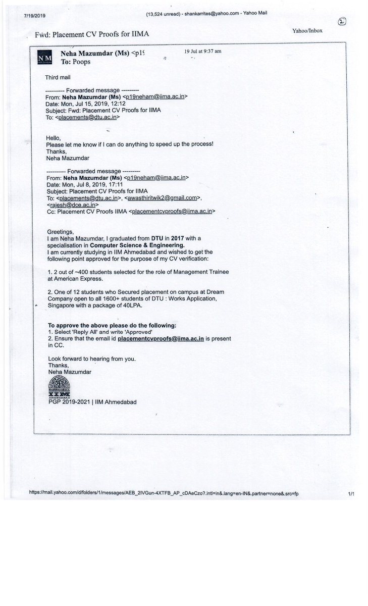 shankarmaz46's tweet photo. .@msisodia Sir,
For my daughter’s placement in IIMA, she needs confirmation by 5/8/19 by email of the Campus Placement offers she received in DTU. She has been requesting Prof. Rajesh Rohila, HOD of T&amp;P but no response.Please help her,details attached and mail also sent to you. https://t.co/NJCSFURyCx