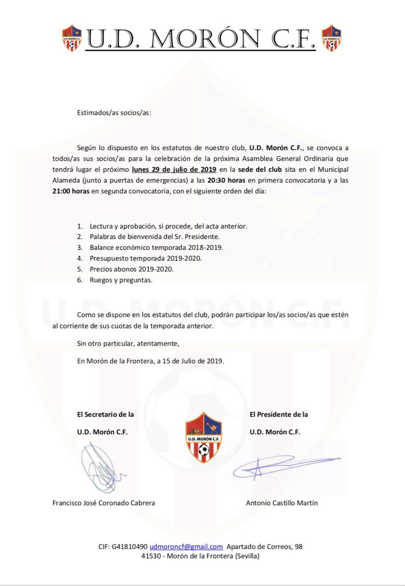 ‼️Asamblea General Ordinaria‼️
📅 Lunes 29 de Julio 
⌚ 20:30 - 21:00 horas
📍 Sede del Club (Municipal Alameda, junto a puerta de emergencias)
🇹🇭 #SúmateATuClub #UDMorónCF