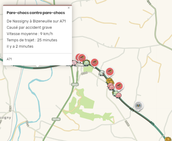 WazeAllier's tweet photo. [#Accident]
⚠️ 🚑 🚒 Prudence #ralentissement de plusieurs km sur #A71 sens #Paris #ClermontFerrand  à hauteur #Nassigny #Vallon ⚠️ 🚑 🚒

#allier #info #route #circulation #inforoute #waze 
@WazeAuvergne #msgu @SDIS_03 @Prefet03 @Allierdpt @AllierActu https://t.co/e1z66MRJWC