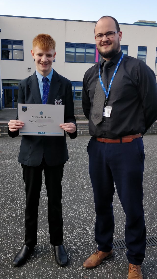 PATCarletonHigh's tweet photo. Nathan in Year 10 receiving his Platinum E-Praise certificate for 500 points - he smashed that total with 617 this year, and has been the top student in the school for a while! #onetobeat #schoolrecord #everydaycommitment #proudofyouNathan https://t.co/7lAsdYf6VX