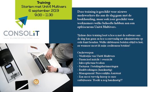 Training: Starten met Unit4 Multivers
Hoe zorgt u ervoor dat uw nieuwe medewerkers zich thuis voelen in uw bedrijf? Met deze training kan uw nieuwe medewerker aan de slag gaan. Kijk voor meer informatie op: ow.ly/lf1b50v5GCJ en meld u aan! #consolit #Unit4 #trainingen