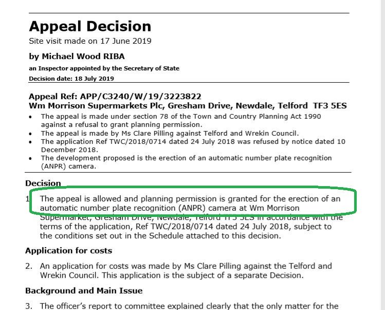 As <a href="/telfordlive/">Telford Live!</a> reported last night, the Planning Inspectorate has overturned TWC's planning refusal on application TWC/2018/0714. The numberplate-recognition system at Lawley Morrisons can go ahead. #lawley #telford #planning (my emphasis)