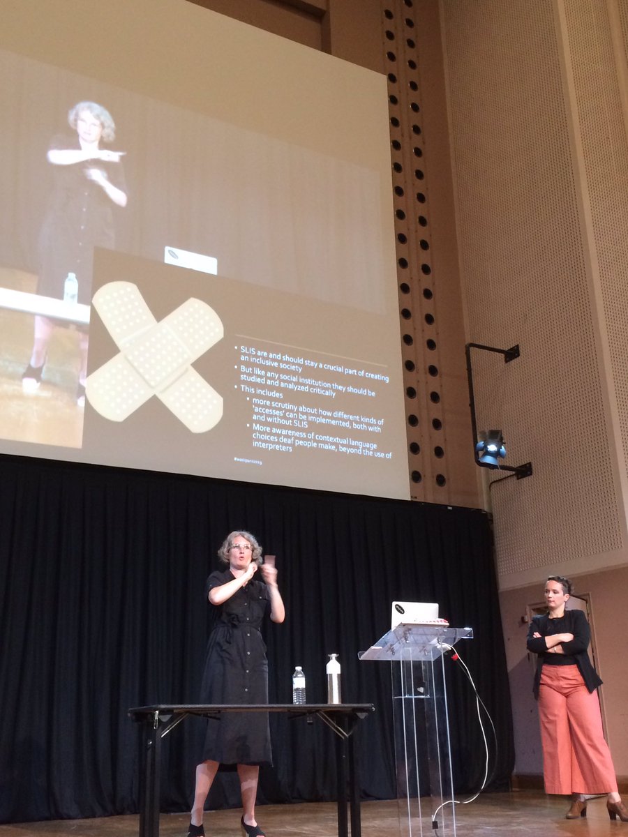 IHeyerick's tweet image. Are interpreters a band-aid, a quick fix? @mdemeulder and @hildemh call for critical research of Sign Language Interpreting as a system and to differentiate between communication and access. @WASLI_tweets #wasliparis2019 #1intSL #signlanguage