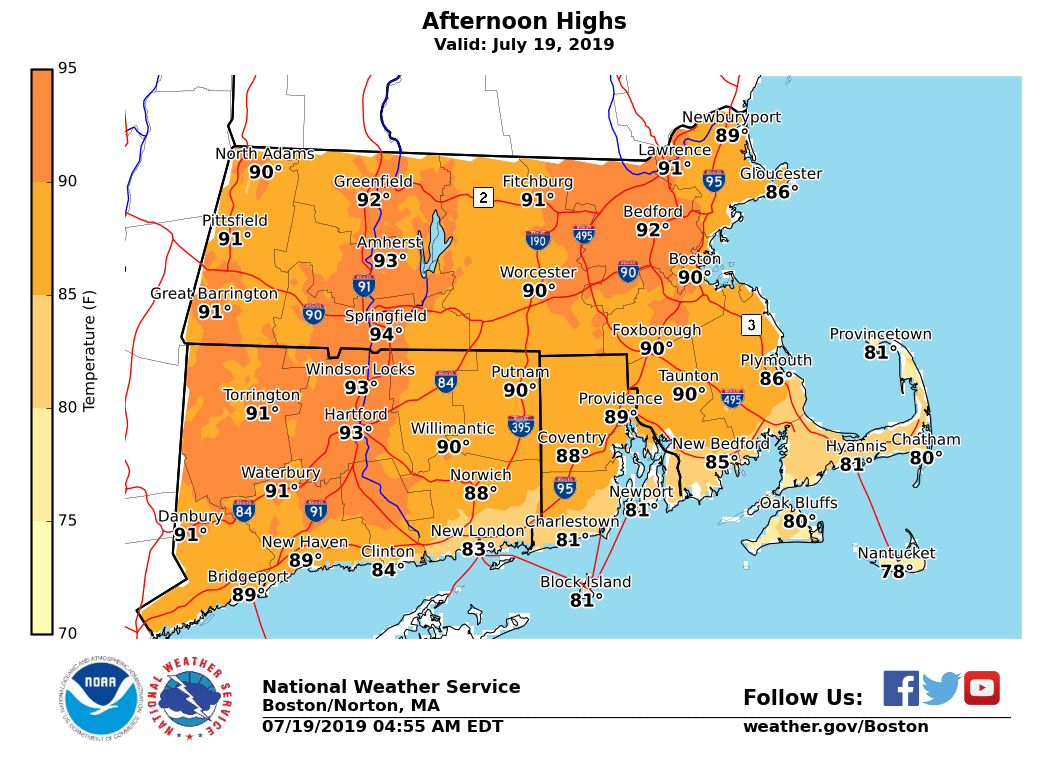 NWSBoston's tweet photo. [Forecast for Today] The first graphic shows the forecast Temperatures for today.  The second graphic shows the forecast Heat Index (combined effects of Temperature and Humidity) for today. https://t.co/7P47QHvIbq