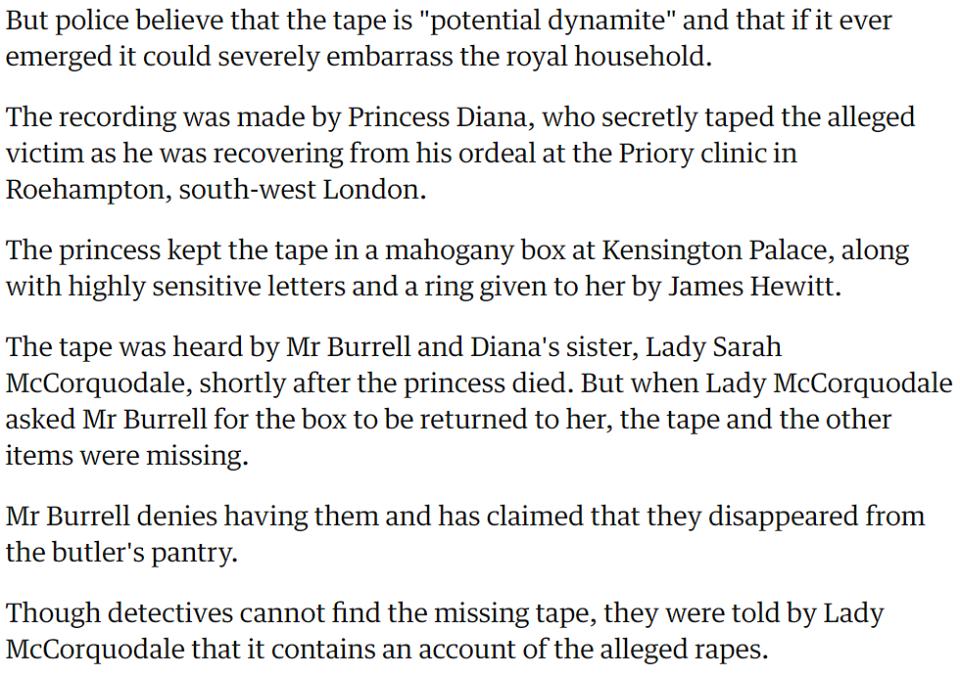 Princess Diana recorded the testimony by rape victim of Prince Charles' staff.  #OpDeathEaters  https://www.theguardian.com/uk/2002/nov/07/monarchy.claredyer
