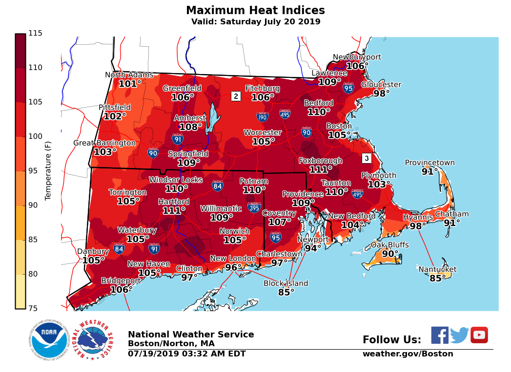 NWSBoston's tweet photo. [Forecast for Saturday] Here are the Temperature and Heat Index (Temperature and Humidity) forecasts for Saturday. https://t.co/mQs4z8vNXr