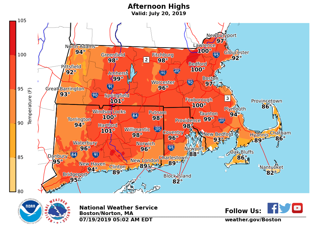 NWSBoston's tweet photo. [Forecast for Saturday] Here are the Temperature and Heat Index (Temperature and Humidity) forecasts for Saturday. https://t.co/mQs4z8vNXr