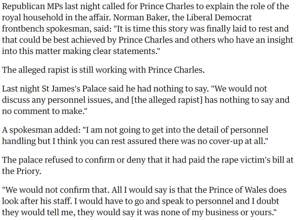 Princess Diana recorded the testimony by rape victim of Prince Charles' staff.  #OpDeathEaters  https://www.theguardian.com/uk/2002/nov/07/monarchy.claredyer
