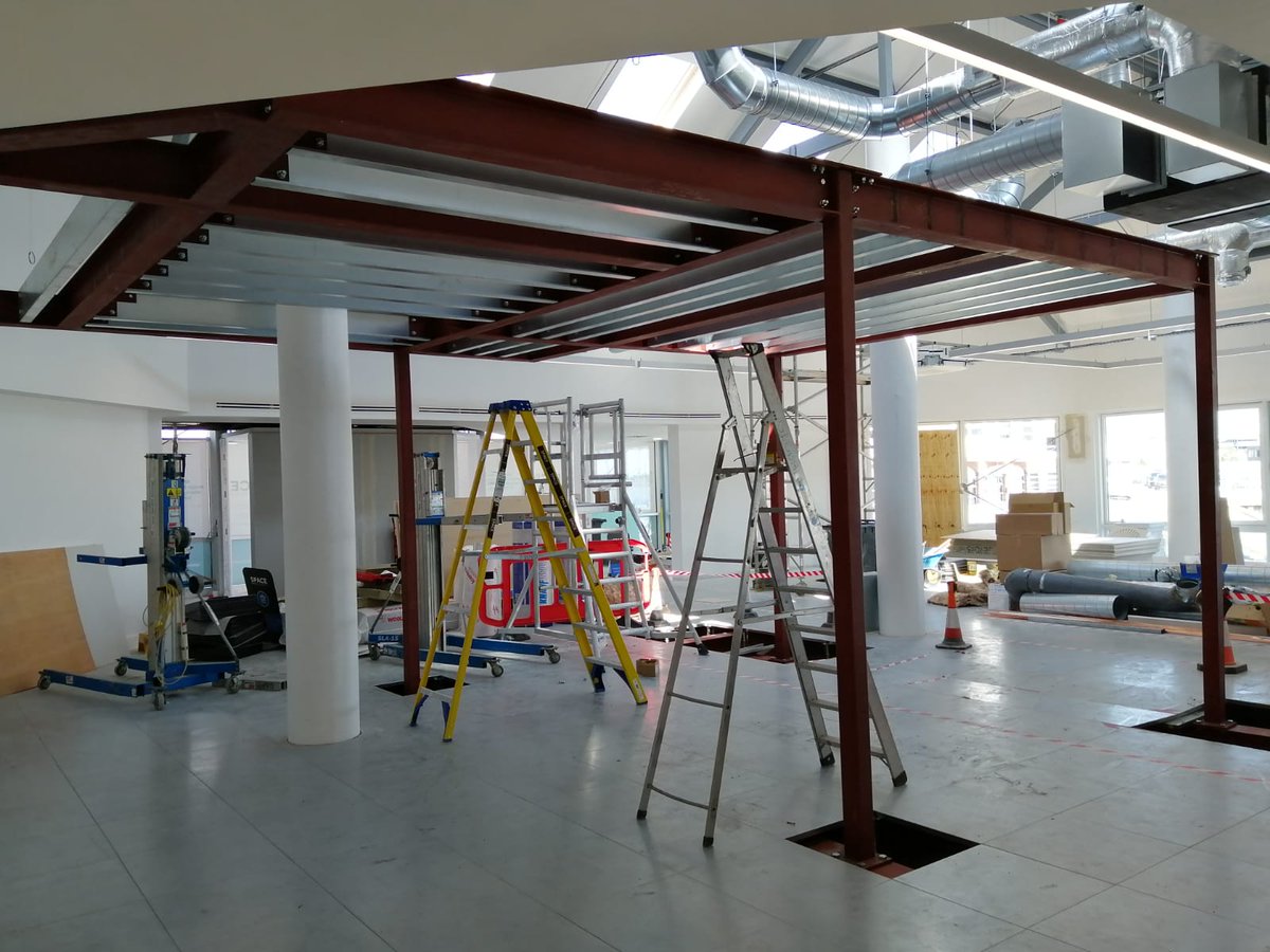 GlobalSteelFab's tweet photo. A recent project supplied to a new client, These photos show a shot &amp; primed mezzanine with purlins and caber flooring.

Please stay in touch to see the spiral staircase evolve on this project.

For more projects, visit our Projects Page 
https://t.co/xmNLTOmCOu https://t.co/NSBxU30czy
