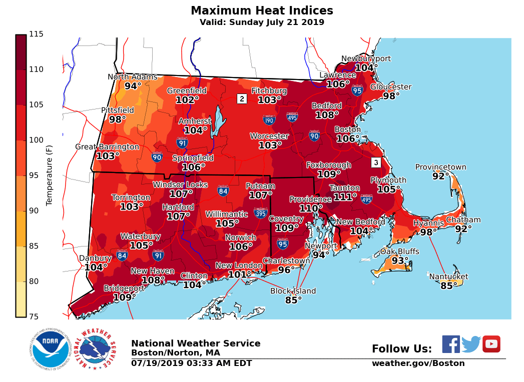 NWSBoston's tweet photo. [Forecast for Sunday] Here are the Temperature and Heat Index forecasts for Sunday. https://t.co/DtXj1iCnyJ