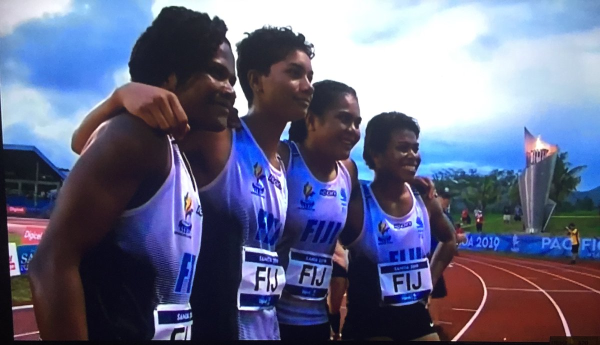 SamTukana's tweet photo. So proud of our Girls winning Gold 4x100meters beating PNG crowd favorite #teamfiji #TeamFiji #oneinspirit #PacificGames2019 https://t.co/iWYT5ihktA