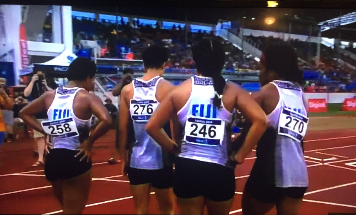 SamTukana's tweet photo. So proud of our Girls winning Gold 4x100meters beating PNG crowd favorite #teamfiji #TeamFiji #oneinspirit #PacificGames2019 https://t.co/iWYT5ihktA