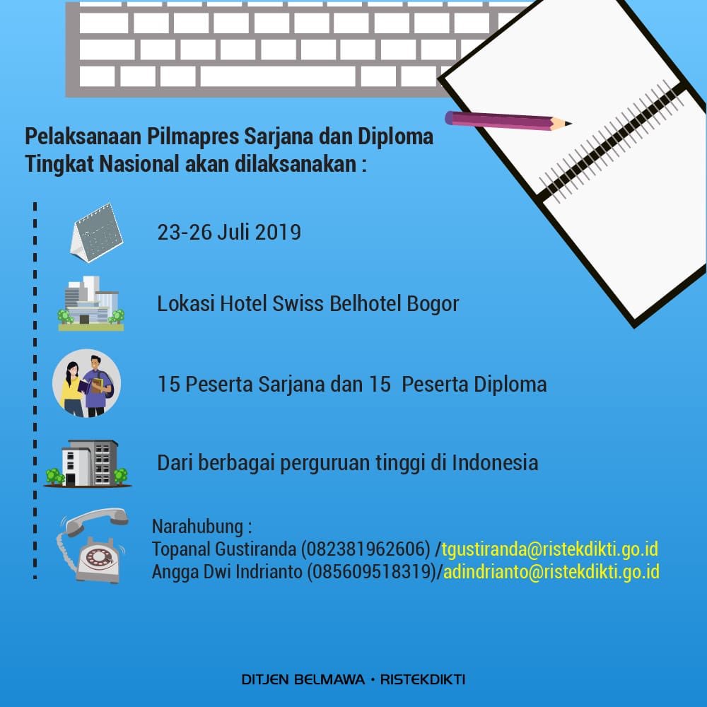 Kemdiktisaintek's tweet image. Sebentar lagi...
Mengangkat tema Sustainable Development Goals, Pemilihan Mahasiswa Berprestasi Nasional akan diselenggarakan pada 23-26 Juli 2019 di Bogor, dan diikuti 30 peserta mahasiswa sarjana dan diploma.

Mention dan dukung mawapres jagoanmu🤩

#Ristekdikti #Belmawa