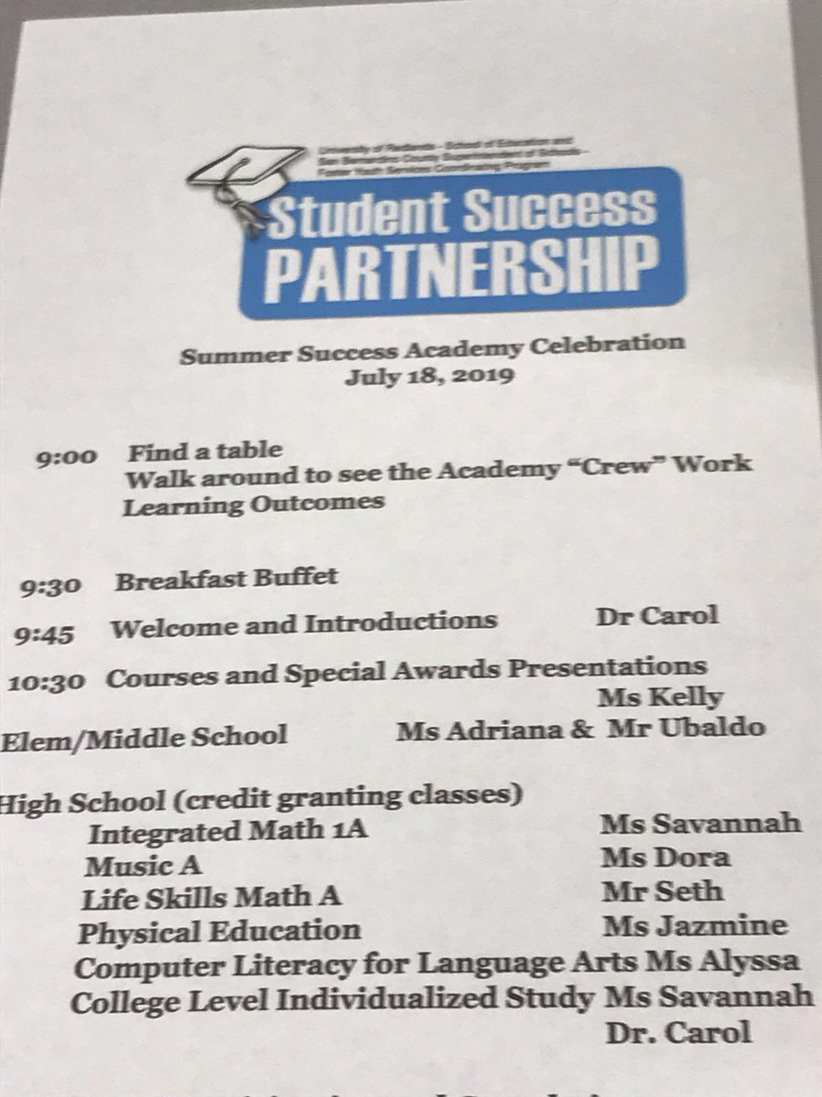 Today we celebrated the success of our foster youth completing  the 9th annual Summer Success Academy. We heard from our youth and learned the course topics & activities. #StudentSuccessPartnership #UniversityOfRedlands And #SBCSSFosterYouthServicesCoordinatingProgram