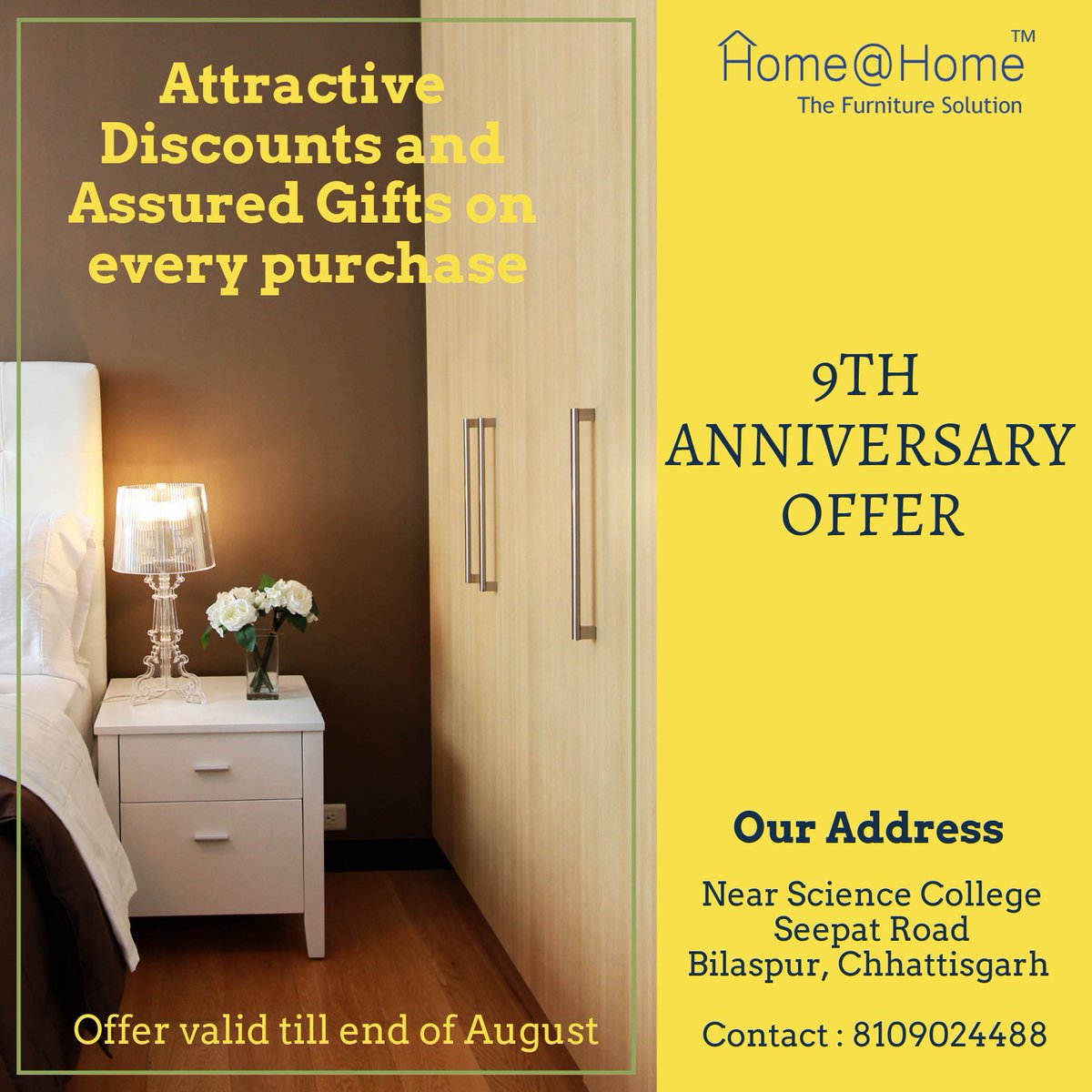 #HomeatHomefurniture आपके लिए लाया है "9th Anniversary Offer"
अब पाएं आपके सपनों के फर्नीचर आपके बजट में 
HURRY UP!! Offer valid till end of August..
#AnniversaryOffer #9years #specialoffer #specialdiscount #9thAnniversaryOffer #Furniture #Bilaspur #Chhattisgarh #बिलासपुर