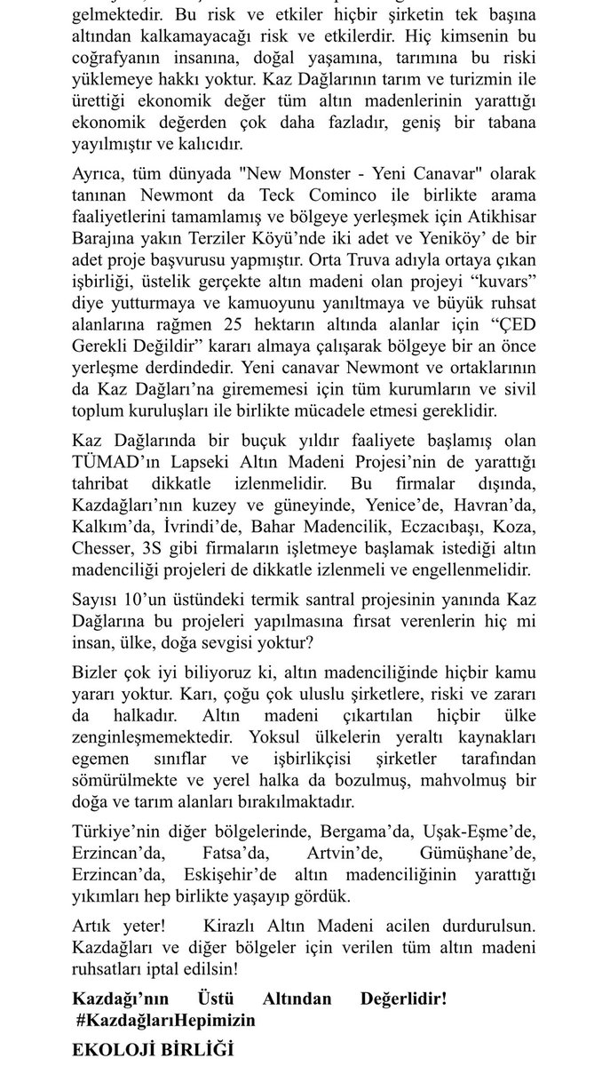 ekolojibirligi's tweet photo. KİRAZLI ALTIN MADENİ PROJESİ ACİLEN DURDURULSUN!
ÇEVRESEL ETKİ DEĞERLENDİRME RAPORU’NA AYKIRI İŞLEM YAPILIYOR!
Basın açıklamamız ;
#KazdağlarıHepimizin https://t.co/WjGYRPvWaE