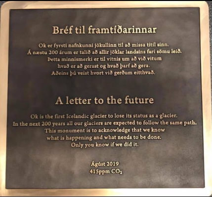 IcelandicEcon's tweet image. The glacier "Ok" used to be a glacier but lost its status as such in 2014 when it had shrunk too much. This is a brand new memorial shield in its honour. #climatechange