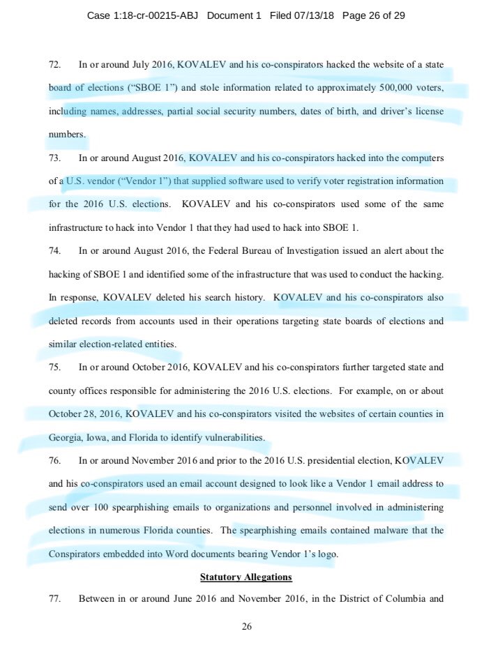 34/ LEST WE FORGET: Indictment details GRU pulling B & E’s on our election systems, secretaries of states, U.S. state board of elections and voting systems.Chk out pg 26, where we learn GRU stole personal data on 500,000 voters and hacked an election software vendor.Just wow.