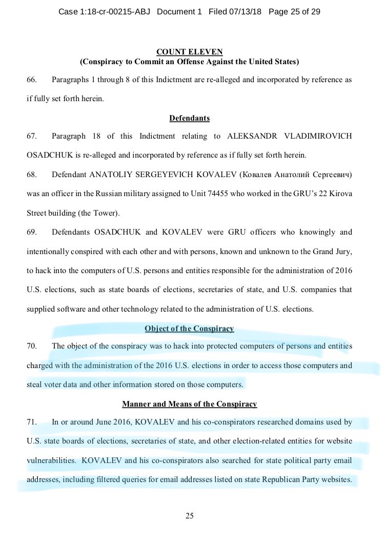 34/ LEST WE FORGET: Indictment details GRU pulling B & E’s on our election systems, secretaries of states, U.S. state board of elections and voting systems.Chk out pg 26, where we learn GRU stole personal data on 500,000 voters and hacked an election software vendor.Just wow.