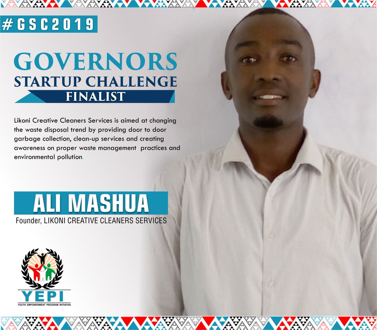 Meet Ali Mashua, #GovernorsStartupChallenge finalist tackling garbage problem. He started Likoni Creative Cleaners aimed at changing the waste disposal trends by providing door-to-door garbage collection, cleanup services &amp; awareness on proper waste management practices. #GSC2019
