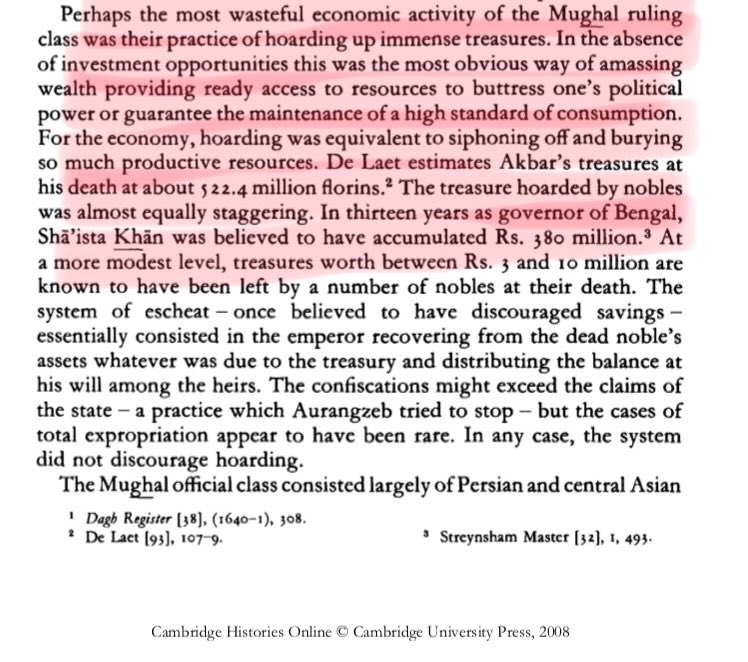 37/n Irfan Habib further gives account of money hoarding at large scale by Mughal Emperors including Akbar. He quotes De Laet who mentions Akbar’s treasure to be ~522.4 million florins & Sarista Khan to have hoarded ₹380 million. Was economy blooming? Snippet pg 183