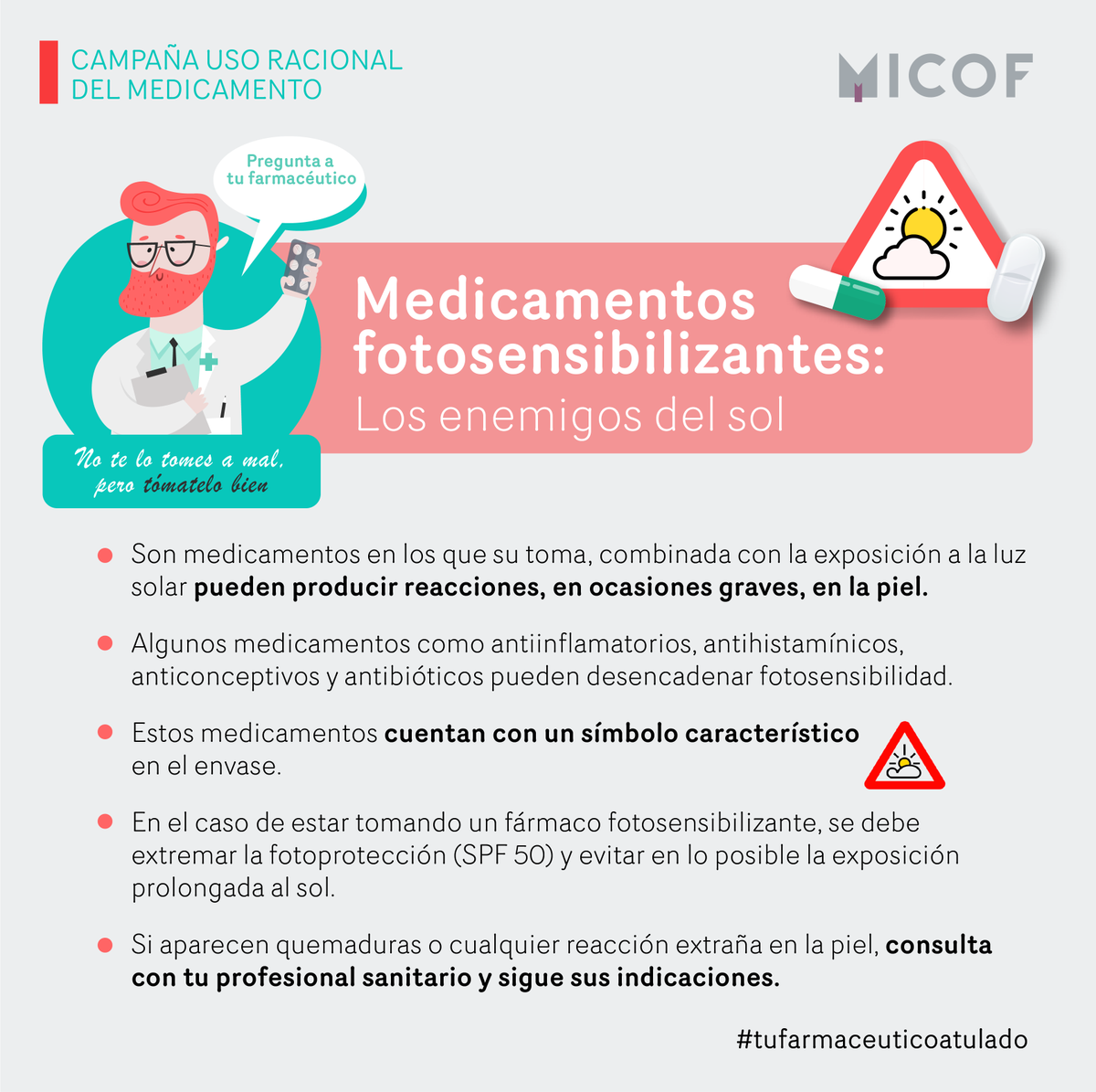 micofvlc's tweet photo. ¡Buenos días! ¿Sabes que hay medicamentos que pueden producir reacciones en la piel si te expones al sol? Te decimos cuáles son y las precauciones que debes seguir. No te lo tomes a mal, pero tómatelo bien. Y ante la duda recuerda que tienes a #tufarmaceuticoatulado. https://t.co/3vDDL6ZbQg