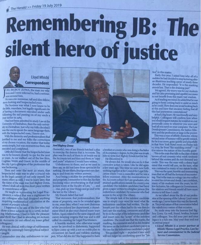 A giant for defence of justice and the rule of law silently slipped away last week. Thank you #JoelZowa for your contribution to the legal profession in #Zimbabwe! Go well! Rest In Peace
