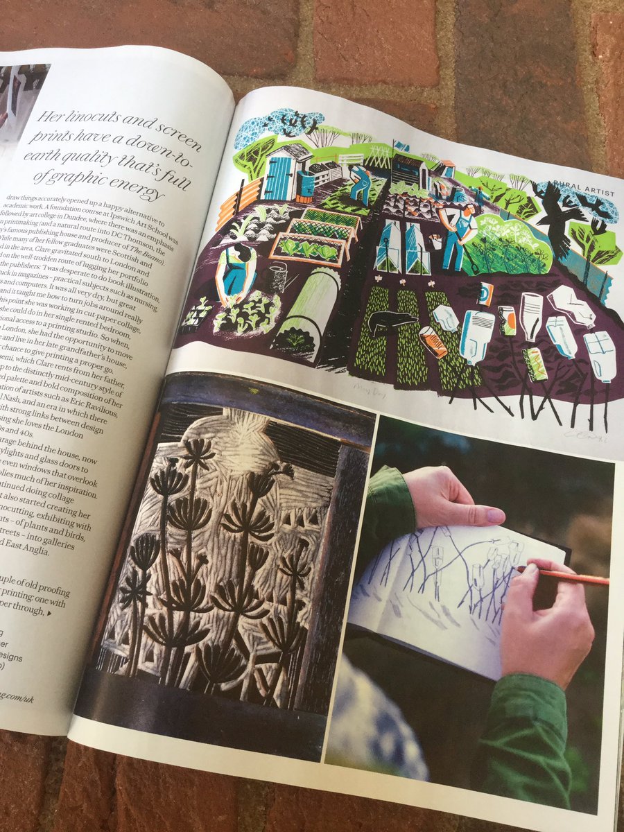 Clarecurtislino's tweet photo. There is a lovely article on me and my allotment prints in the August issue of @countrylivinguk Some great photos by @RichardBloom_ showing me drawing Cow Pasture allotments Felixstowe and in my workshop @PenfoldPress @FelixstoweTC https://t.co/dTkBBp6kgv