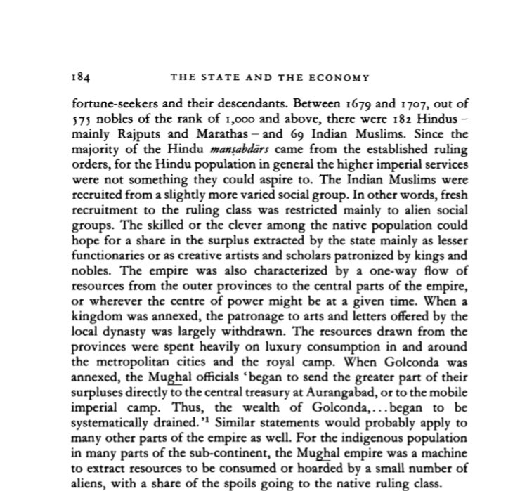 38/n Irfan Habib further talks of one way flow of wealth during Mughal Reign, ie :from outer provinces to the central parts of Empire. He states: The Mughal Empire was a machine to extract resources...An that’s how wealth of Golconda was drained. Details in Snippet: Pg 184