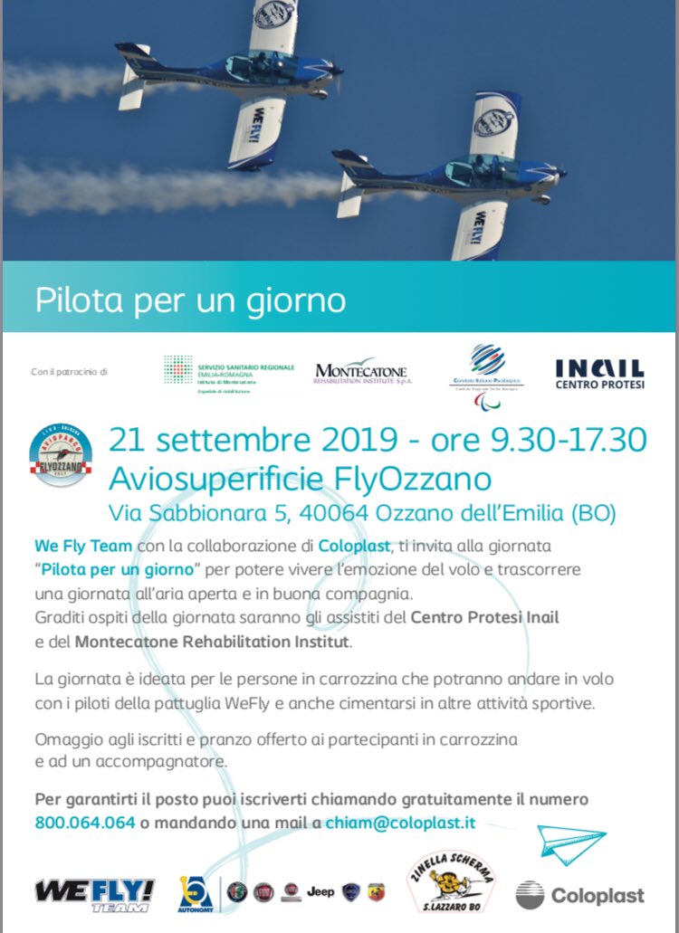 weflyteam's tweet photo. Ci vediamo il #21settembre a Ozzano dell’Emilia (Bo) per una nuova giornata #Pilotaperungiorno con @Coloplastitalia
#WeFlyTeam #OsaVolare
Thanks to:
#COLOPLAST #FIATAUTONOMY #TRIRIDE #AVIOKIMPEX #TARTADESIGN #RANDOLPH #AIRCRAFTSTUDIODESIGN #SOLUZIONIAERONAUTICHE #EIKONPUBBLICITÀ https://t.co/BGf65uY8cb