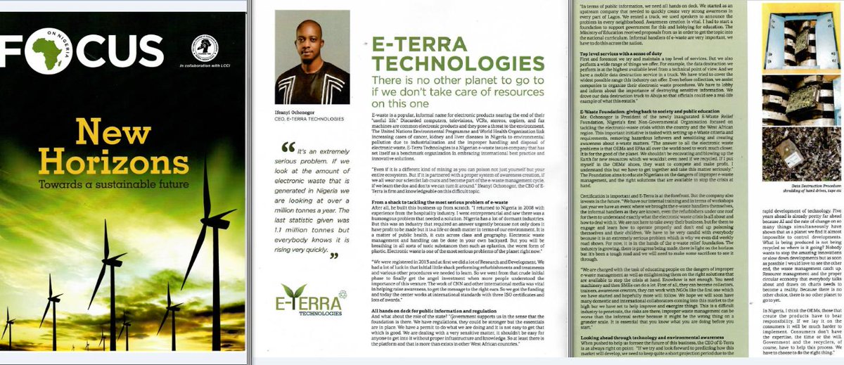 EterraTech's tweet photo. More details from Dr. Ifeanyi Ochonogor, E-Terra CEO on the improper disposal of e-waste in Nigeria. and developing countries in the July 2019 edition of Focus Magazine in collaboration with Lagos Chamber of Commerce and Industry titled “NEW HORIZONS TOWARDS A SUSTAINABLE FUTURE” https://t.co/aZxfTq7WBb