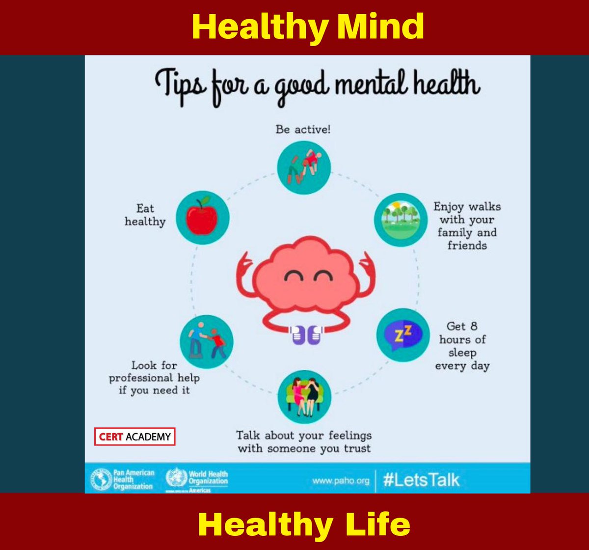 CERT_Academy's tweet photo. Tips for Good Mental Health ‼️
✍️ According to statistics in 2015, about 29.2% (4.2mil) of Malaysian around 16 years old and above is diagnosed with mental illness. Always seek for help whenever you feel depressed!  
#PerangiMITOS
#PertolonganCemas
#CERTAcademy https://t.co/EW6SNqAxQ6