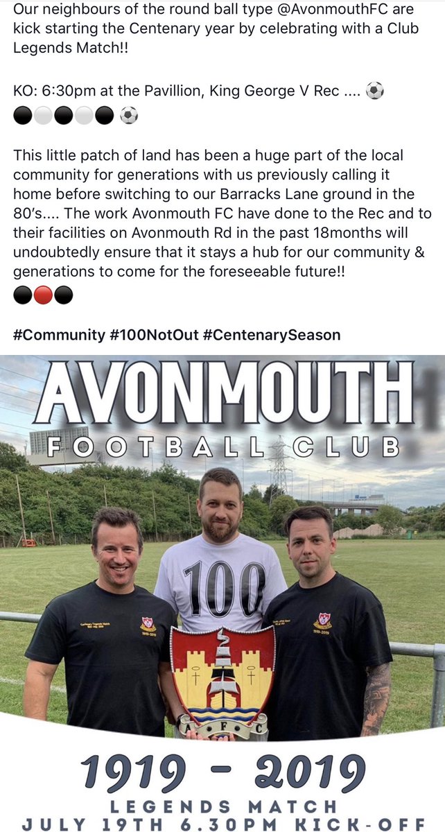 AvonmouthOBRFC's tweet photo. At a loss tonight and want to see a few legends knocking a ball around... Get down to @AvonmouthFC
⚽️⚽️⚽️
Their centenary season will be kicking off at 6:30pm with a Club Legends Match!!!
#community #Foozeball #BertyMarshTopBin #CentenarySeason #100NotOut https://t.co/kCS8yG4Qbg