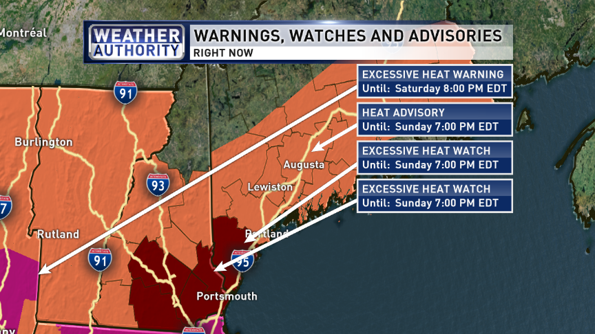 LexieOConnorWX's tweet photo. Heat Advisory issued for Sat &amp; Sun. Excessive Heat Watch for southern NH and York County where it will be hottest. Heat Index values will be into the 100s. Prepare to stay cool! #WeatherWarn #WeatherAuthority @WGME https://t.co/5MEl64sxM7