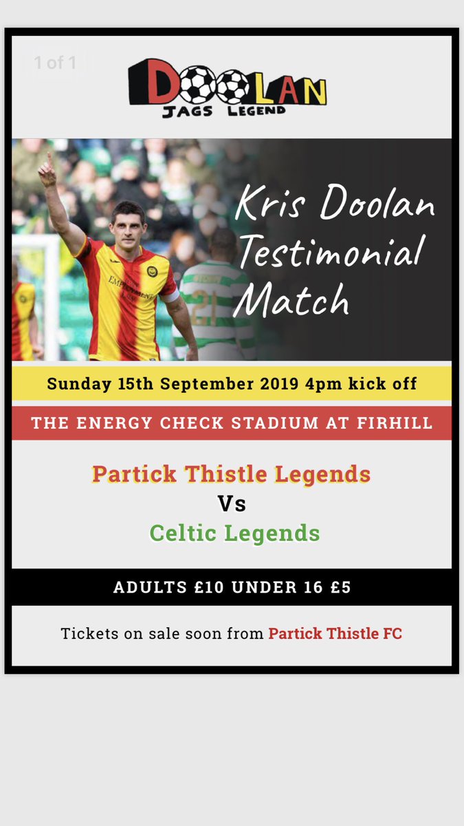 Doolstestimonial (@kdoolanjag) on Twitter photo ❤️ DOOLS IS BACK 💛
Kris Doolan is back at Firhill (but I’m sorry it’s for one day only) on Sunday 15th September 2019 for his Testimonial Match where a <a href="/PartickThistle/">Partick Thistle FC</a> Legends team will take on a <a href="/CelticFC/">Celtic Football Club</a> Legends team.
Tickets are on sale soon from <a href="/PartickThistle/">Partick Thistle FC</a> ❤️ DOOLS IS BACK 💛
Kris Doolan is back at Firhill (but I’m sorry it’s for one day only) on Sunday 15th September 2019 for his Testimonial Match where a <a href="/PartickThistle/">Partick Thistle FC</a> Legends team will take on a <a href="/CelticFC/">Celtic Football Club</a> Legends team.
Tickets are on sale soon from <a href="/PartickThistle/">Partick Thistle FC</a>