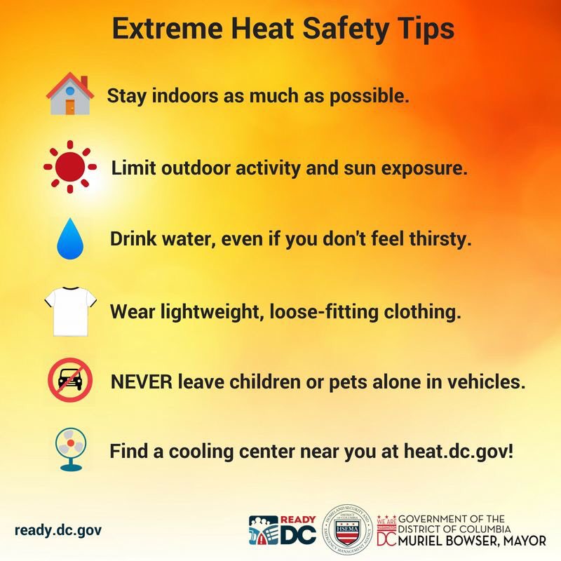 The District is going to be dangerously HOT throughout the weekend! Listen to your body and know the signs of heat exhaustion. Drink plenty of water and check on your neighbors, family &amp; friends! Visit heat.dc.gov for info on cooling centers, heat safety tips &amp; more.