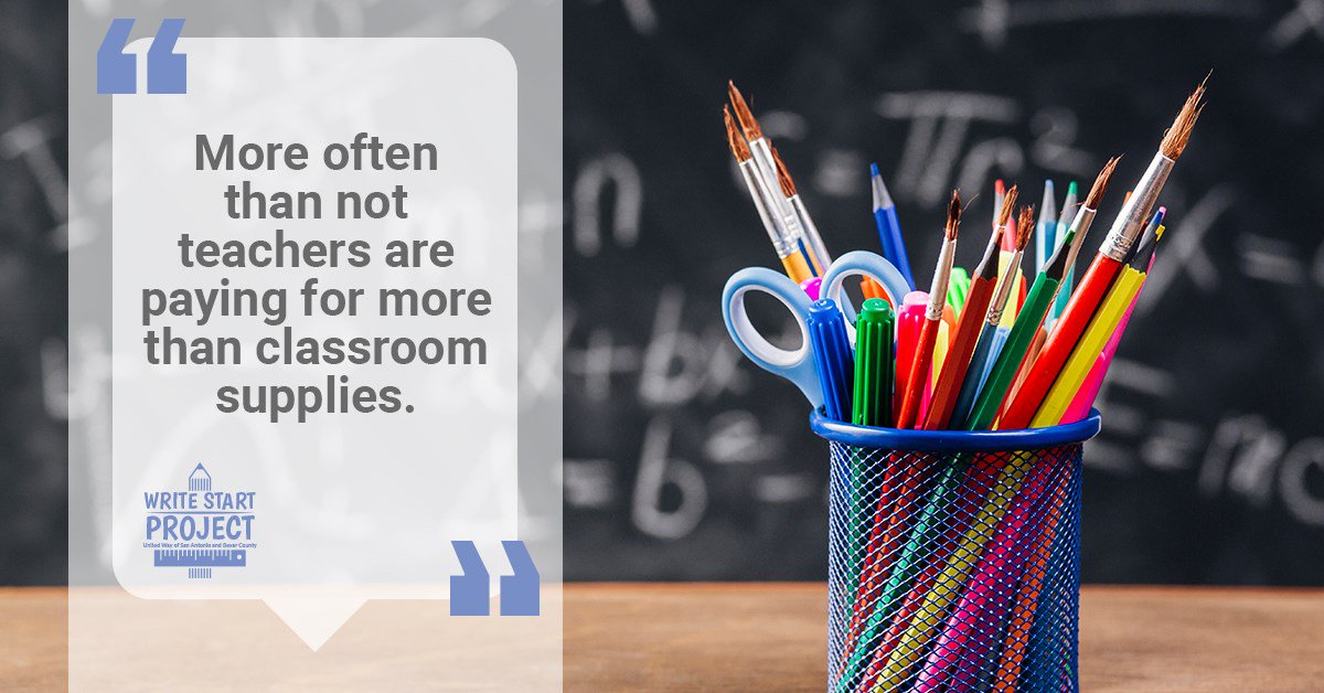 UnitedWaySATX's tweet photo. The #WriteStart project helps local teachers get a bit of relief on their out-of-pocket expenses. Donate supplies at any @Cavenderauto Family dealership, text "WriteStart" to 71777 or volunteer to help #LiveUnitedSA #Teachers #GiveBack https://t.co/7MiRq9h8wH https://t.co/JVdK76S7P7