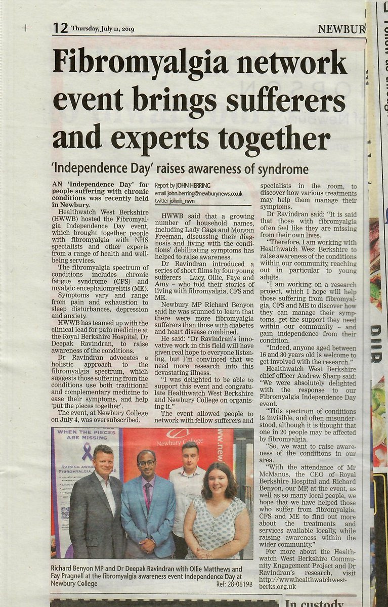 Nice to see such great coverage of our #Fibromyalgia and #BAMER events in the #Newbury Weekly News last week.
If you didn't pick up a copy of the paper on the 11th, then you can read the coverage via the images attached. #WBerksBamer2019 #IndependenceFromFibromyalgia