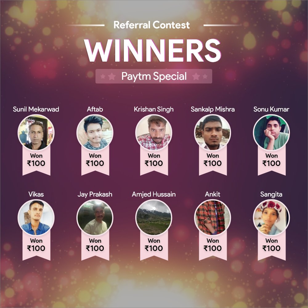 QurekaProApp's tweet photo. Congrats to the winners of "Paytm Special Referral Contest" held on 18th July

If you also want to WIN upto ₹3000 Paytm Cash Everyday, then Invite your friends on Qureka Pro to Play Games &amp; WIN. 

#PaytmContest #ReferAndWin #PaytmCash #SpecialContest #QurekaPro #PlayGamesWinCash https://t.co/lobae25Fc4