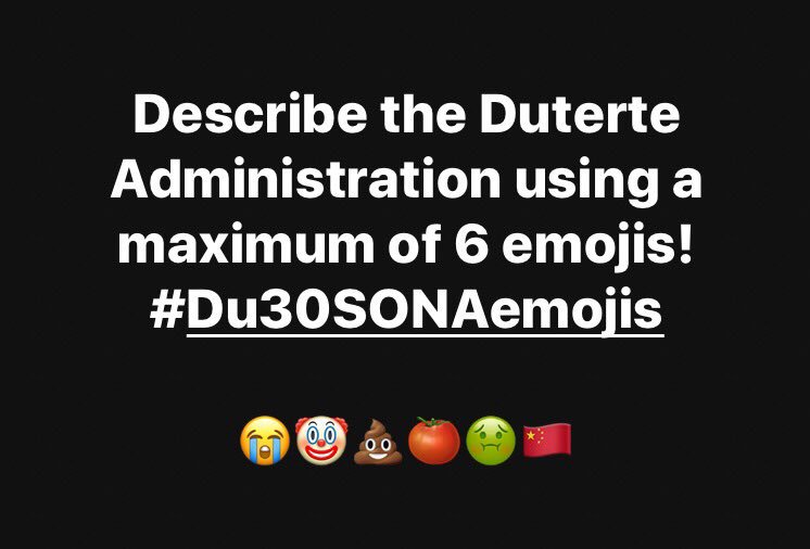 DeLima2016's tweet photo. Describe the Duterte Administration using a maximum of 6 emojis! #Du30SONAemojis #DuterteYear3 #SONA2019

😭🤡💩🍅🤢🇨🇳 https://t.co/85ehCU1Oyk