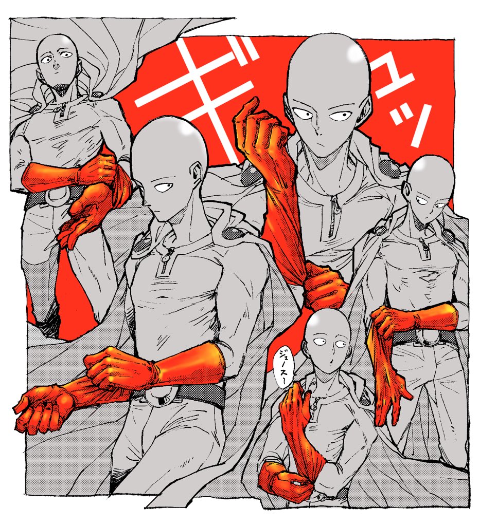 saitama (one-punch man) gloves cape male focus 1boy belt bald multiple views  illustration images