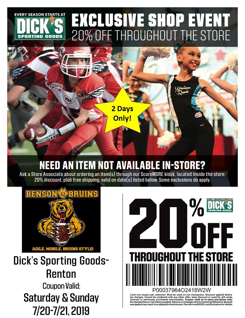 This weekend our sponsor, DICK’S Sporting Goods, is offering our families 20% off your total purchase!  That means you get 20% off cleats, girdles, mouth guards, compression gear and more! Please show our sponsor that we appreciate their support and use the coupon this weekend!