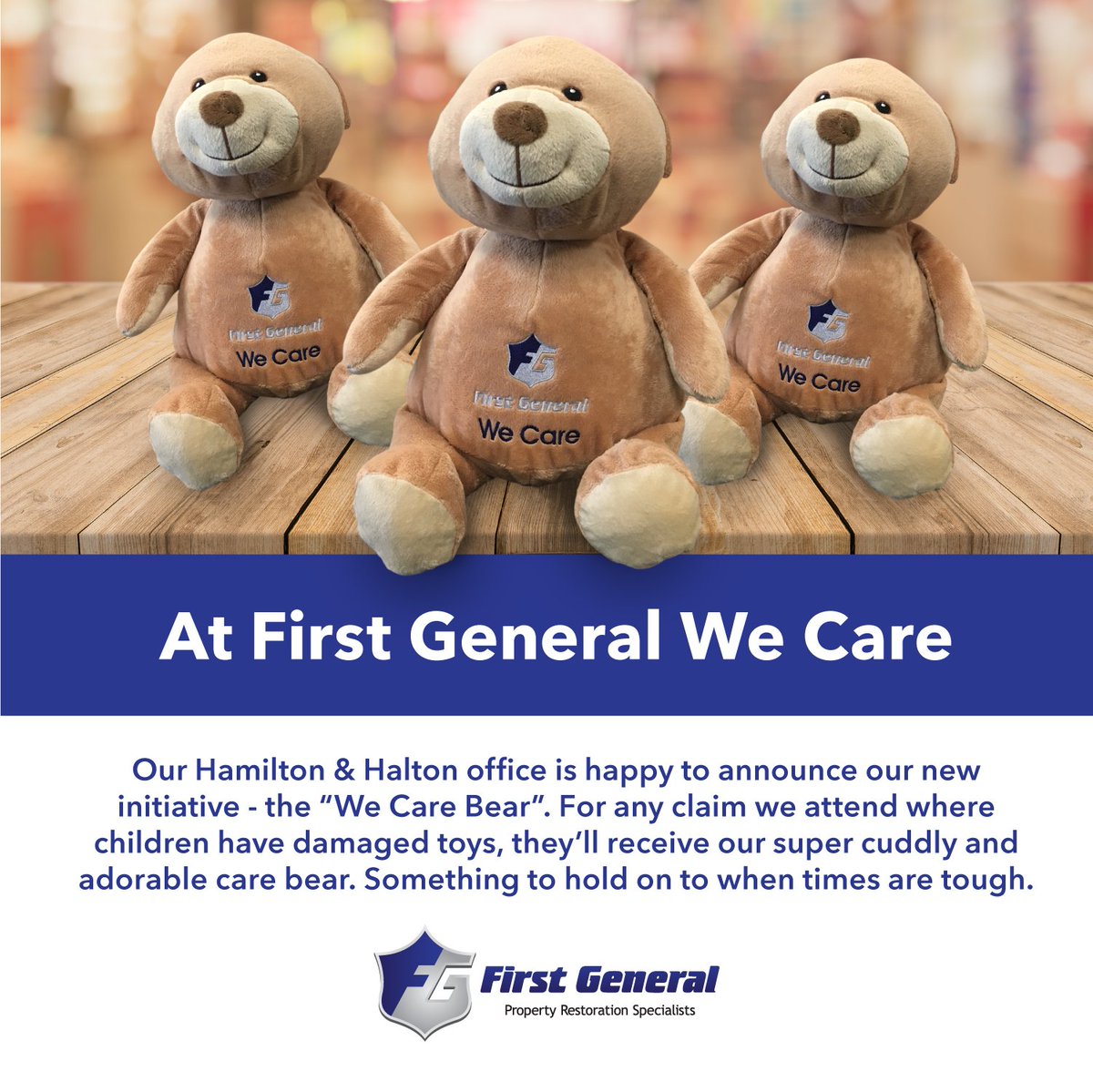 FGSNA's tweet photo. Our #Hamilton & #Halton office is happy to announce our new initiative -the "We Care Bear" For any claim we attend where children have damaged toys they'll receive our super cuddly care bear. Something to hold on to when times are tough. #FirstGeneral #WeCare #WeCareBear https://t.co/MdlORXKk4P