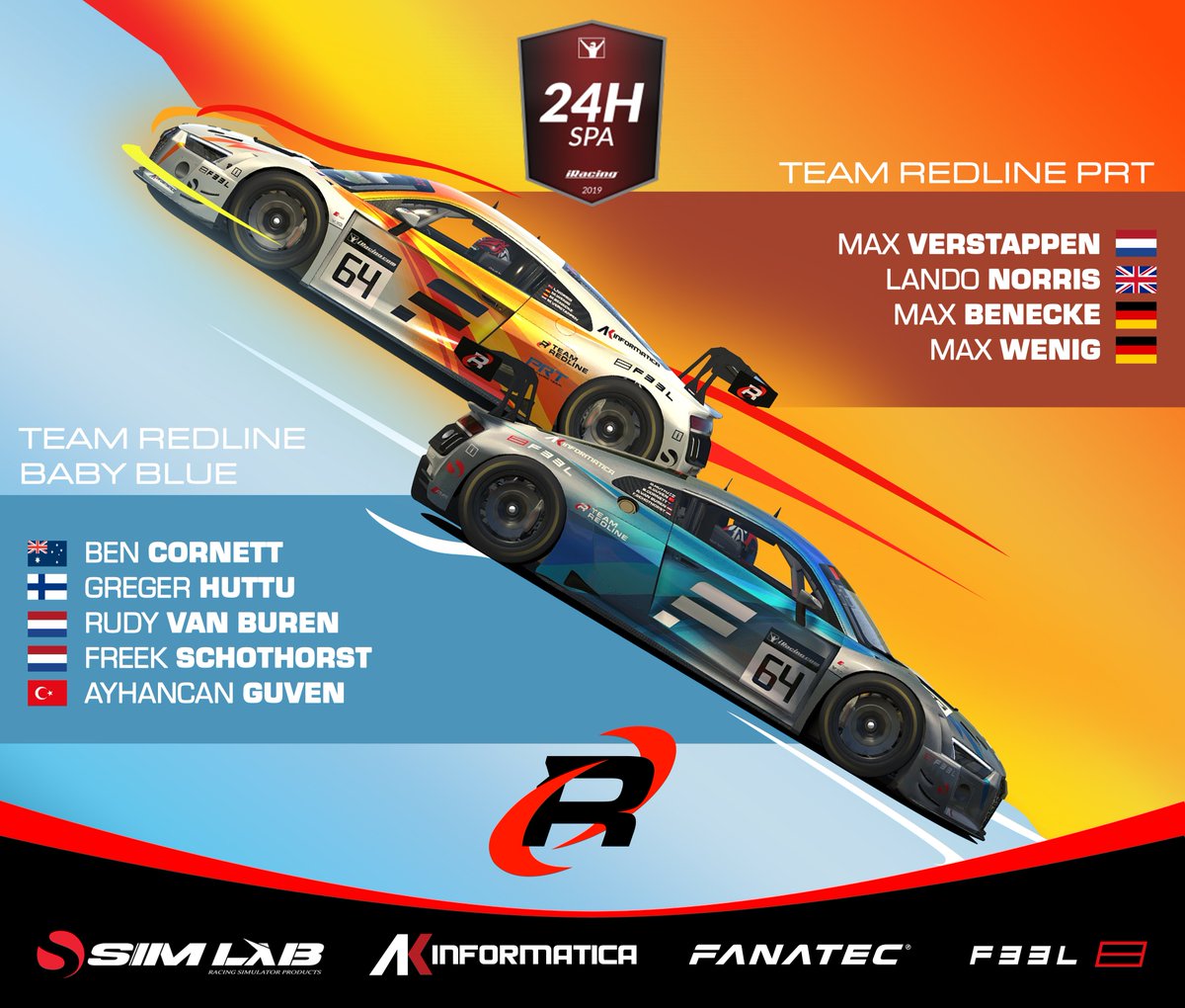 Team Redline (@teamredlinesim) on Twitter photo We're at <a href="/iRacing/">iRacing</a> Spa 24h this weekend with 2 mega teams! ๐ Team Redline PRT with <a href="/LandoNorris/">Lando Norris</a> <a href="/Max33Verstappen/">Max Verstappen</a> @Slaizze @PRT_MaxW and Team Redline Baby Blue <a href="/gregerhuttu/">Greger Huttu</a> <a href="/RvBuren/">Rudy van Buren</a> <a href="/AyhancanGuven/">Ayhancan Gรผven</a> <a href="/FreekSchothorst/">Freek Schothorst</a> & Ben Cornett in the Audi!
Make sure you tune in Saturday!! ๐๐ We're at <a href="/iRacing/">iRacing</a> Spa 24h this weekend with 2 mega teams! ๐ Team Redline PRT with <a href="/LandoNorris/">Lando Norris</a> <a href="/Max33Verstappen/">Max Verstappen</a> @Slaizze @PRT_MaxW and Team Redline Baby Blue <a href="/gregerhuttu/">Greger Huttu</a> <a href="/RvBuren/">Rudy van Buren</a> <a href="/AyhancanGuven/">Ayhancan Gรผven</a> <a href="/FreekSchothorst/">Freek Schothorst</a> & Ben Cornett in the Audi!
Make sure you tune in Saturday!! ๐๐