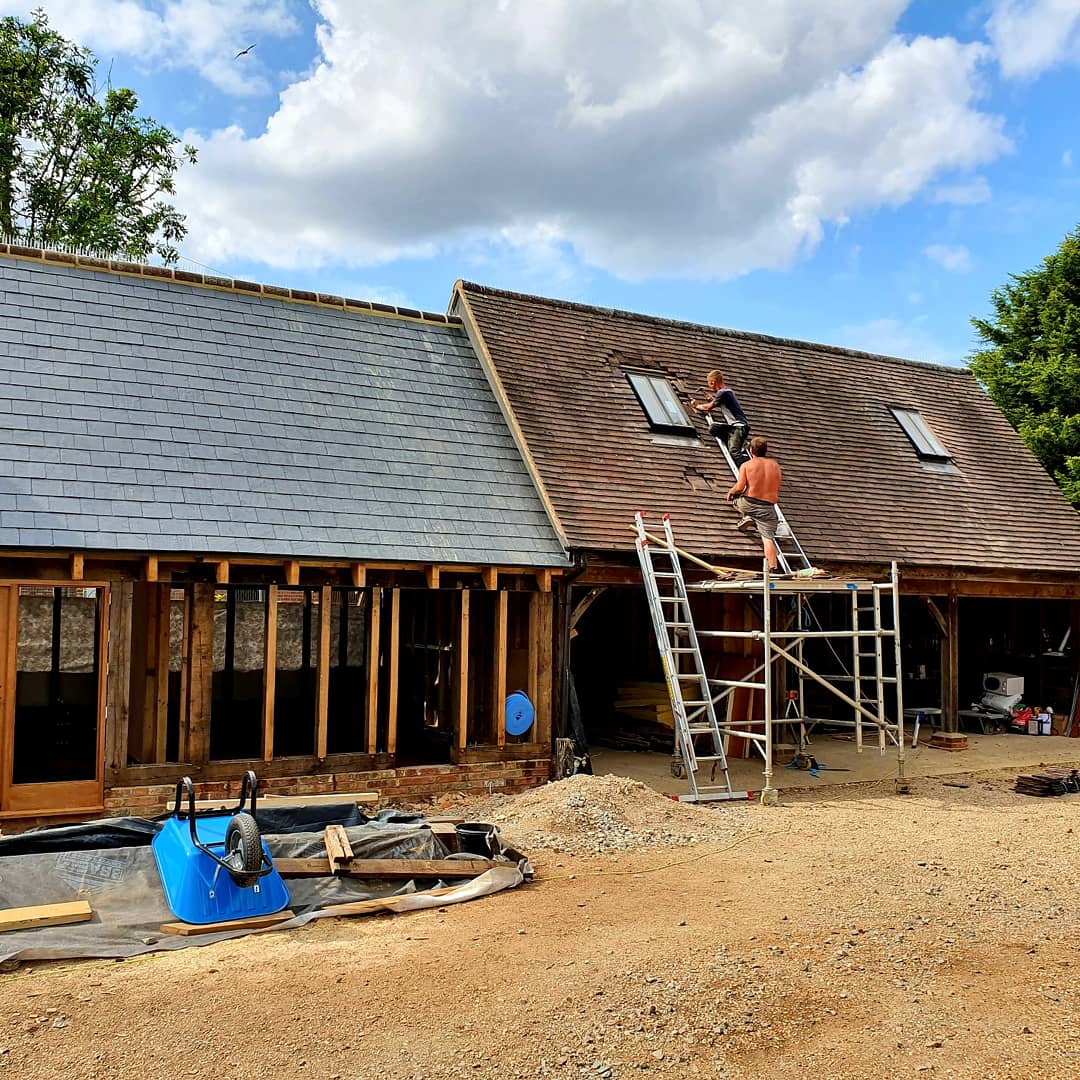 paulcleworth's tweet photo. #BarnUpdate Middle barn slate roof is finished now, hooray! Rooflights are in too, UFH is nearly finished and screed tomorrow. Huge thanks to the team on site. Coming together! 👍👏 #barn #roofing #buildityourself #tandemfinancial #gradetwolisted #granddesigns #underfloorheating https://t.co/DeKaFZHQEa