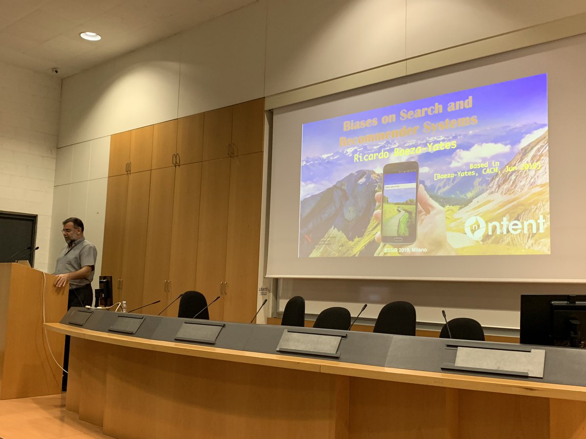 frrncl's tweet photo. #essir2019 @PolarBearby on biases in search and recommender systems, starting from a basic understanding of data and information access systems https://t.co/s4UT9TxxzZ