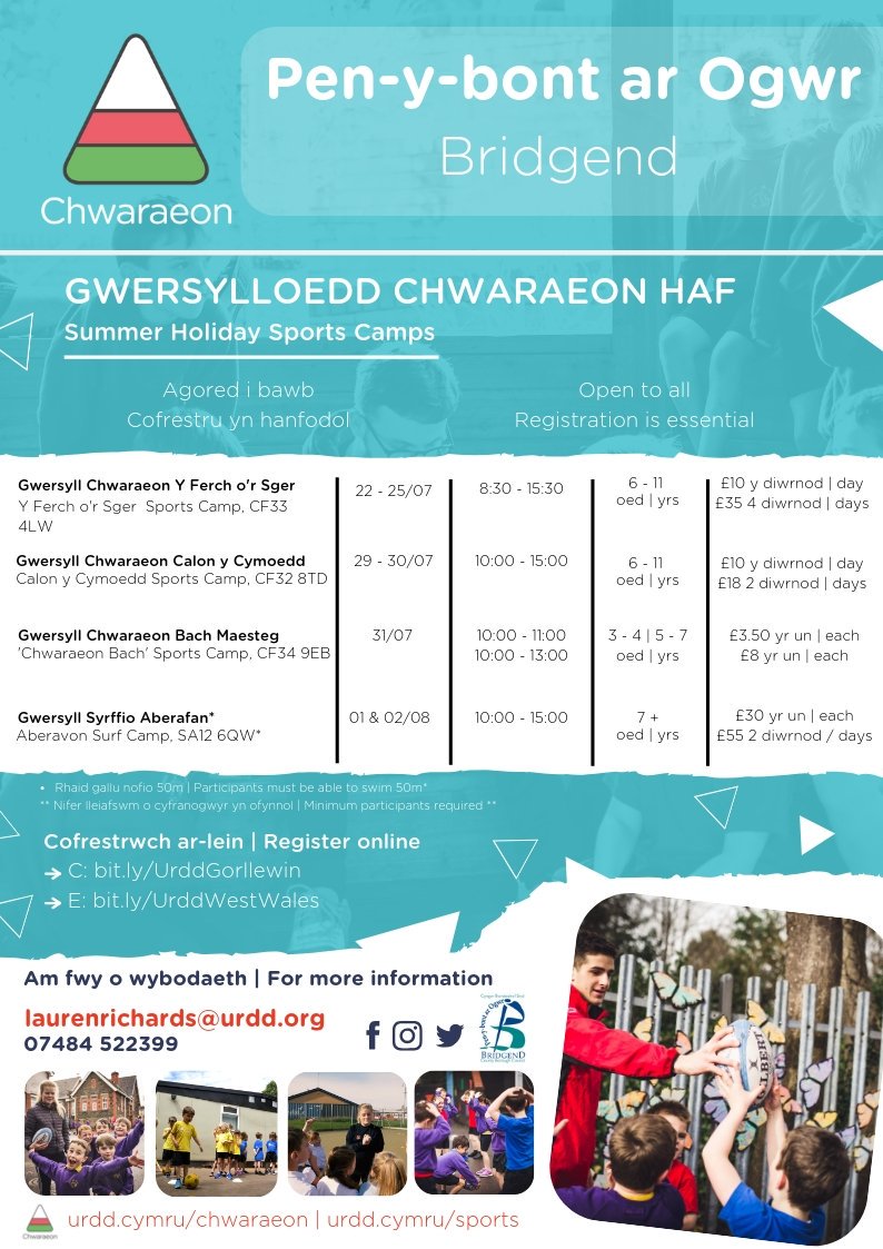 CBSPenybont's tweet photo. Gall plant sy’n mwynhau chwaraeon fynd i wersyll chwaraeon cyfrwng #Cymraeg gyda’r @Urdd. 6 – 11 Oed.
📌 Ysgol y Ferch o’r Sgêr, #Corneli
📅 22 – 25 Gorffennaf
🕐 8.30am – 3.30pm
🎟️ £10 y dydd
Mae cadw lle yn hanfodol: https://t.co/yABsZVWkAc https://t.co/1FlqSKG2kG