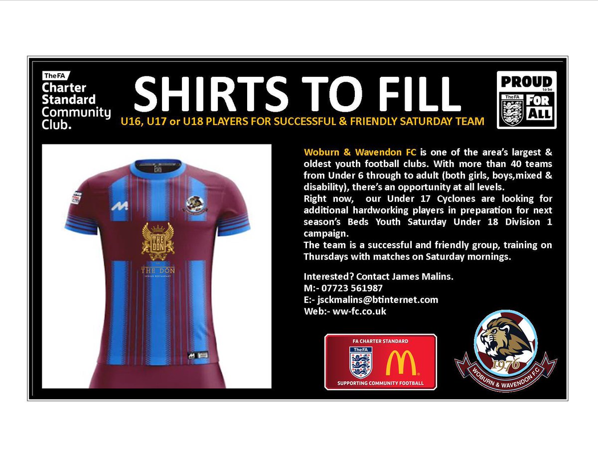 WWFCMens (@wobwavmens) on Twitter photo NEW PLAYERS NEEDED u16/17/18 season 19/20 required for this season we will be playing in the @BedfordshireYSL u18 league on Saturday mornings.
Great lads who play for each other with a fantastic team spirit.
Why not join us ! <a href="/BedsFA/">Bedfordshire FA</a> <a href="/BedsFAYC/">BedsFA Youth Council</a> <a href="/CYLeague/">ChilternYouthLeague</a> <a href="/MKBCYL/">MKBCYL</a> @BerksBucksFA NEW PLAYERS NEEDED u16/17/18 season 19/20 required for this season we will be playing in the @BedfordshireYSL u18 league on Saturday mornings.
Great lads who play for each other with a fantastic team spirit.
Why not join us ! <a href="/BedsFA/">Bedfordshire FA</a> <a href="/BedsFAYC/">BedsFA Youth Council</a> <a href="/CYLeague/">ChilternYouthLeague</a> <a href="/MKBCYL/">MKBCYL</a> @BerksBucksFA