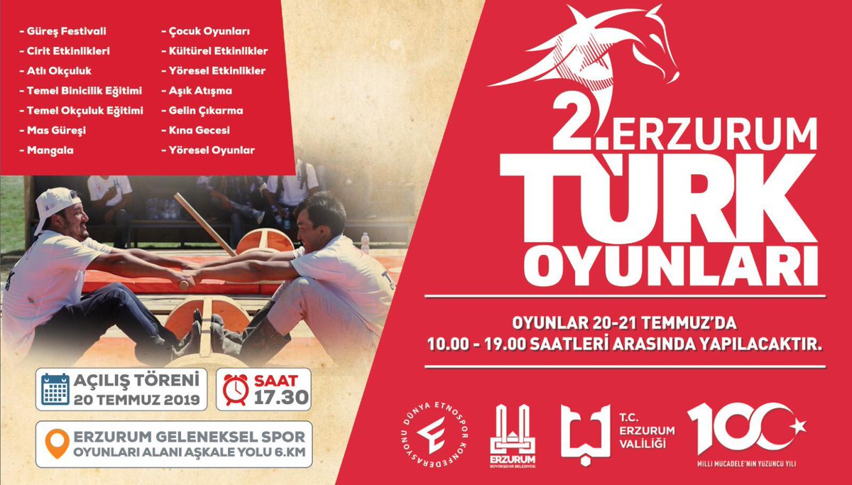 Milli Mücadele'nin 100. yılı etkinlikleri kapsamında düzenleyeceğimiz 2. Erzurum Türk Oyunları'na tüm halkımız davetlidir. 🗓Tarih: 20 Temmuz 2019
🕠Saat: 17:30
📍Yer: Erzurum Geleneksel Spor Oyunları Alanı Aşkale Yolu