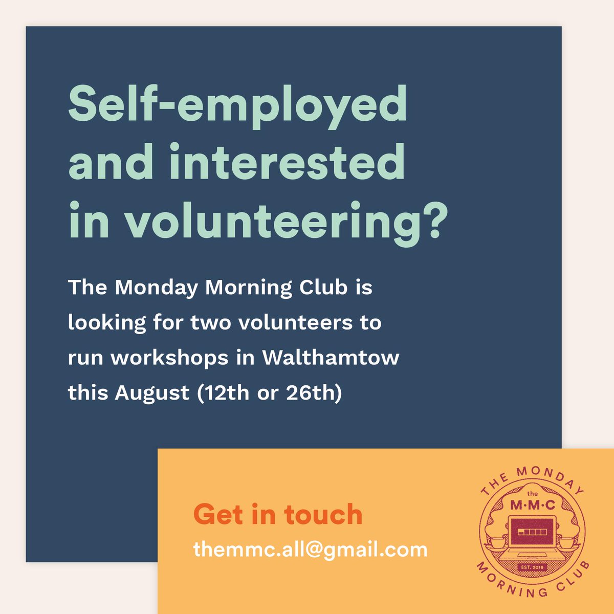 I'm currently looking for volunteers to help run workshops for The Monday Morning Club. If you are free on either August the 12th or 26th and have experience working as a freelancer get in touch